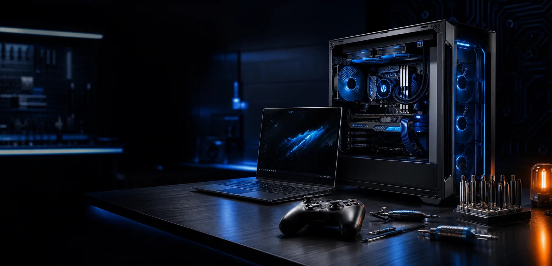 Computadora, laptop y consola en un estudio técnico TecnoExpress
